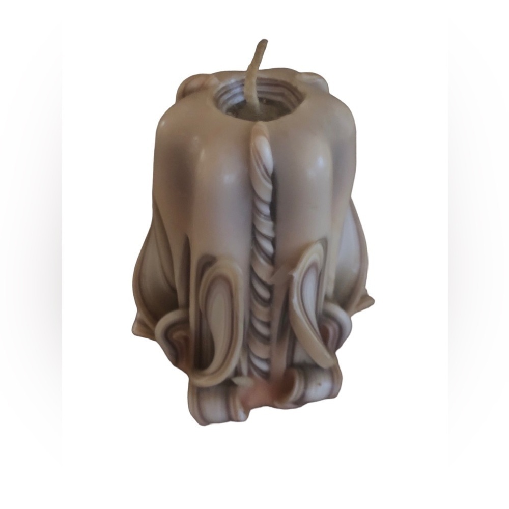 VTG 70’s Ribbon Hand Carved Wax Candle Unlit Neutrals Cream Beige Brown 5X3